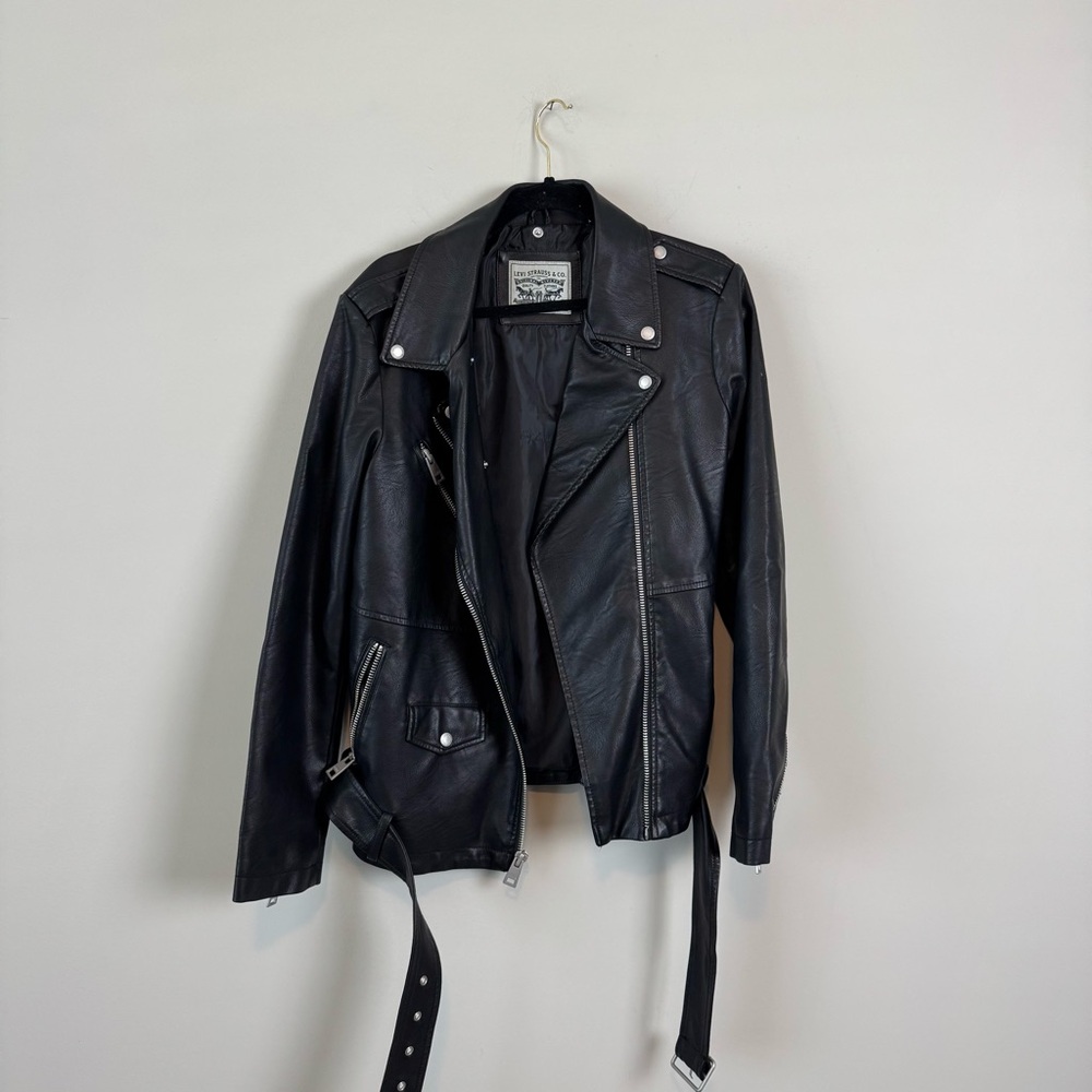 Levi’s Hoodie Faux Leather Moto Oversized Belted Jacket - Picture 9 of 12